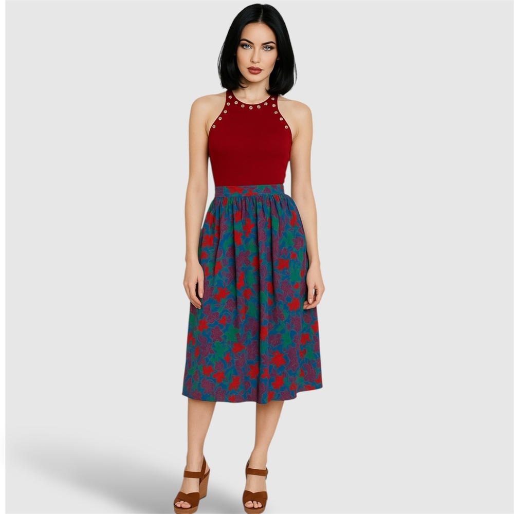 Vintage Bright Floral Midi Skirt High Waist Boho Style Model for Styling